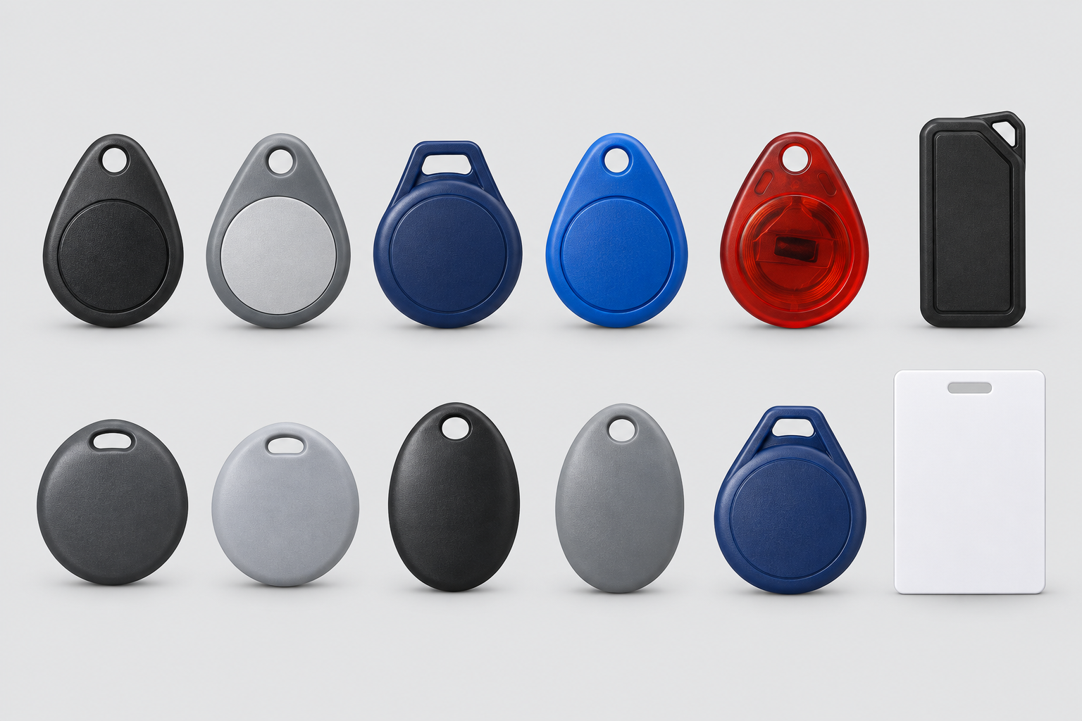 Common condo and office access fobs in multiple shapes and colors